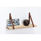 Wandplank eiken 3cm met leren plankdragers bruin