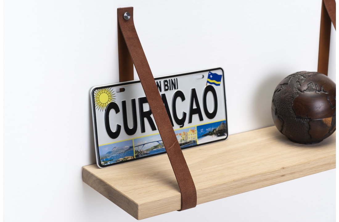 Wall shelf oak 3cm with leather shelves brown