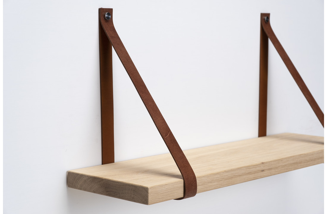 Wall shelf oak 3cm with leather shelves brown