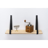 Wandplank eiken 2cm met leren plankdragers zwart