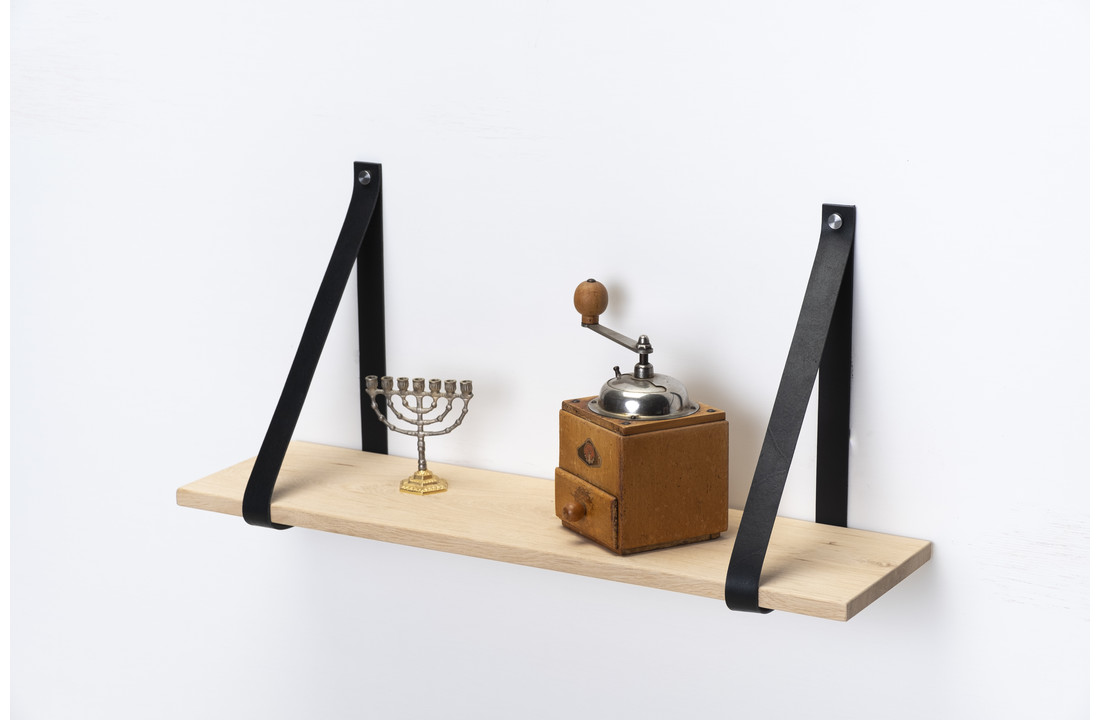 Wall shelf oak 2cm with leather shelf supports black