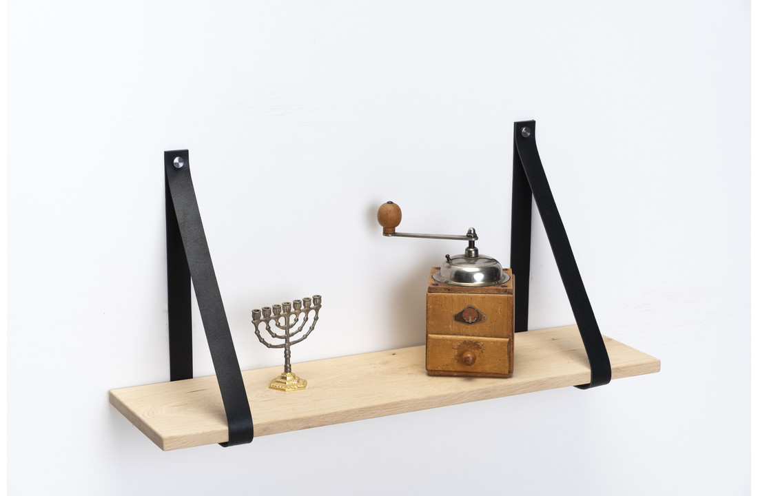 Wall shelf oak 2cm with leather shelf supports black