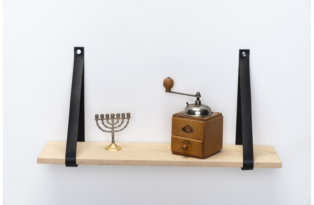 Wandregal Eiche 2cm mit Lederregalstützen schwarz