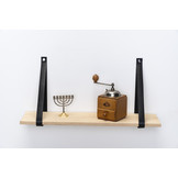 Wandplank eiken 2cm met leren plankdragers zwart