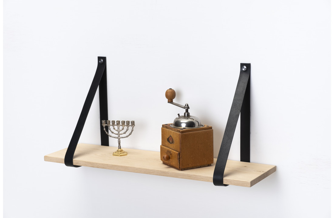Wandregal Eiche 2cm mit Lederregalstützen schwarz