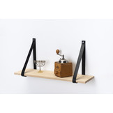 Wandplank eiken 2cm met leren plankdragers zwart