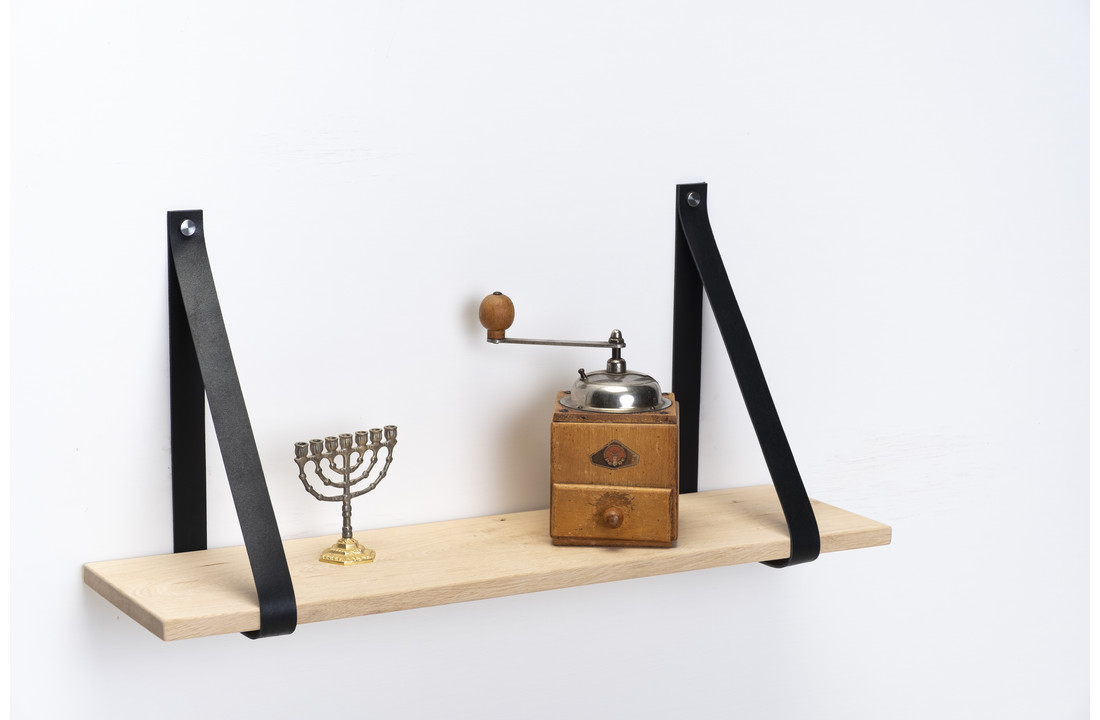 Wandregal Eiche 2cm mit Lederregalstützen schwarz