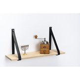 Wandplank eiken 2cm met leren plankdragers zwart