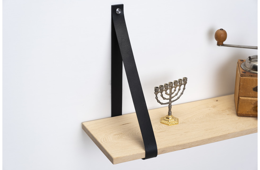 Wall shelf oak 2cm with leather shelf supports black