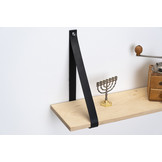 Wandplank eiken 2cm met leren plankdragers zwart