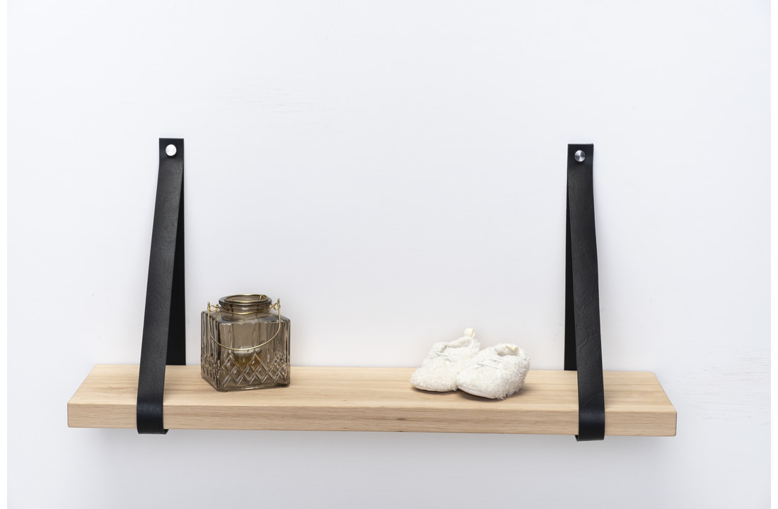 Wandplank eiken 3cm met leren plankdragers zwart