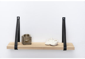 Wall shelf oak 3cm with leather shelves black