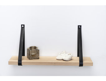 Wandplank eiken 3cm met leren plankdragers zwart