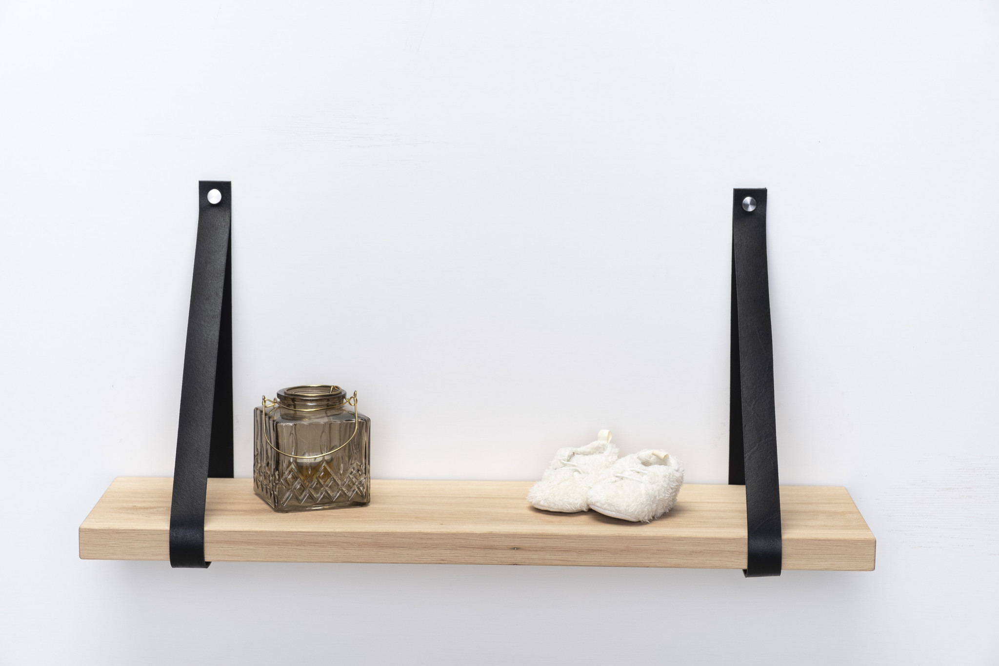 Persoonlijk eetbaar Adviseren Wandplank eiken 3cm met leren plankdragers zwart - Wandplank Shop