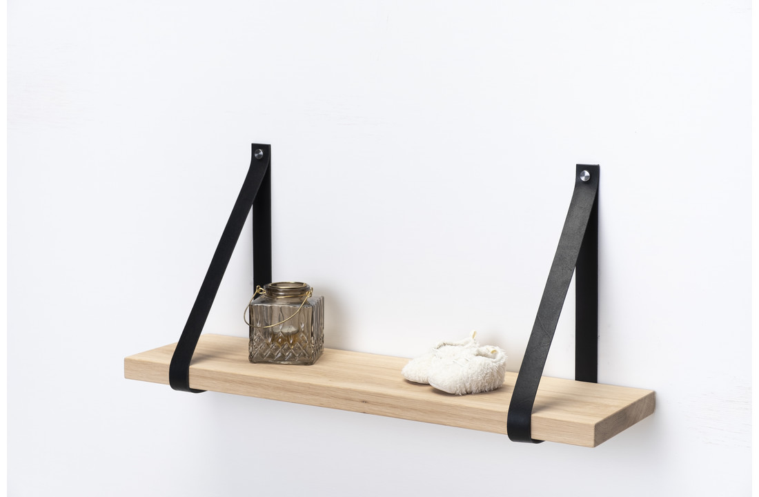 Wandplank eiken 3cm met leren plankdragers zwart