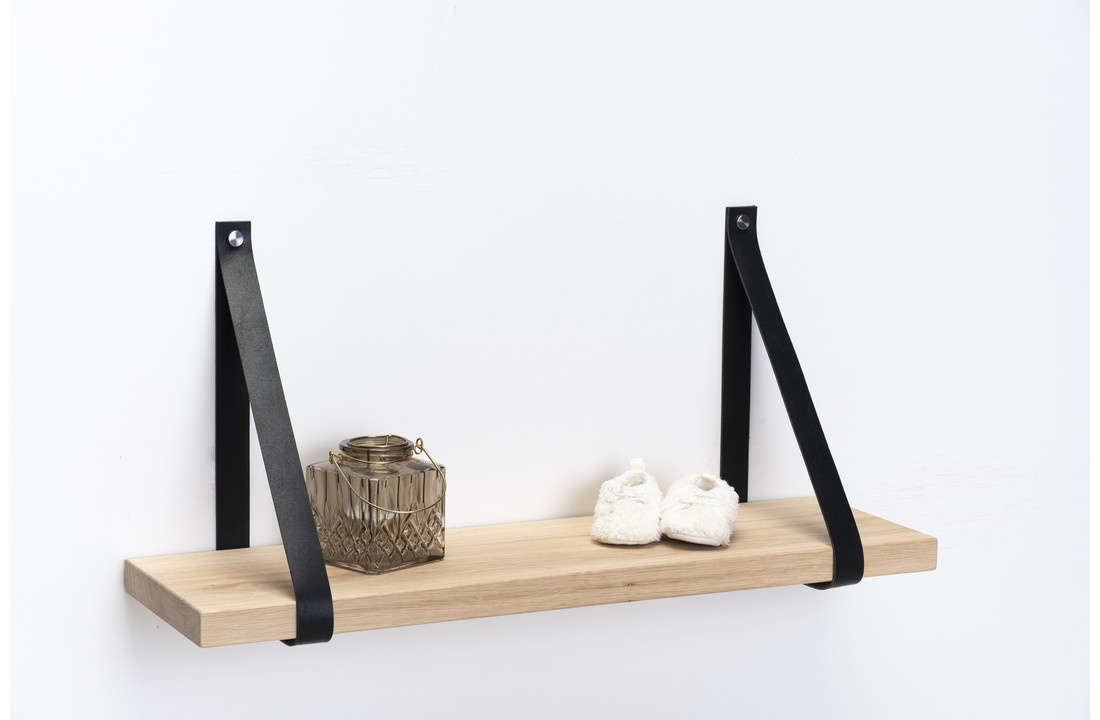 Wandplank eiken 3cm met leren plankdragers zwart