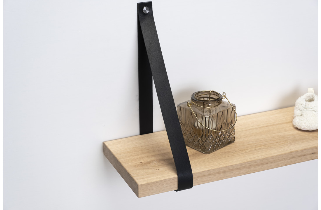 Wandplank eiken 3cm met leren plankdragers zwart