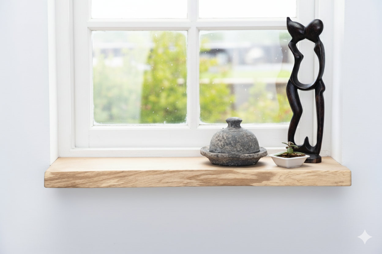 Maßgeschneiderte Fensterbank aus Eiche, geschliffen, 34 mm dick