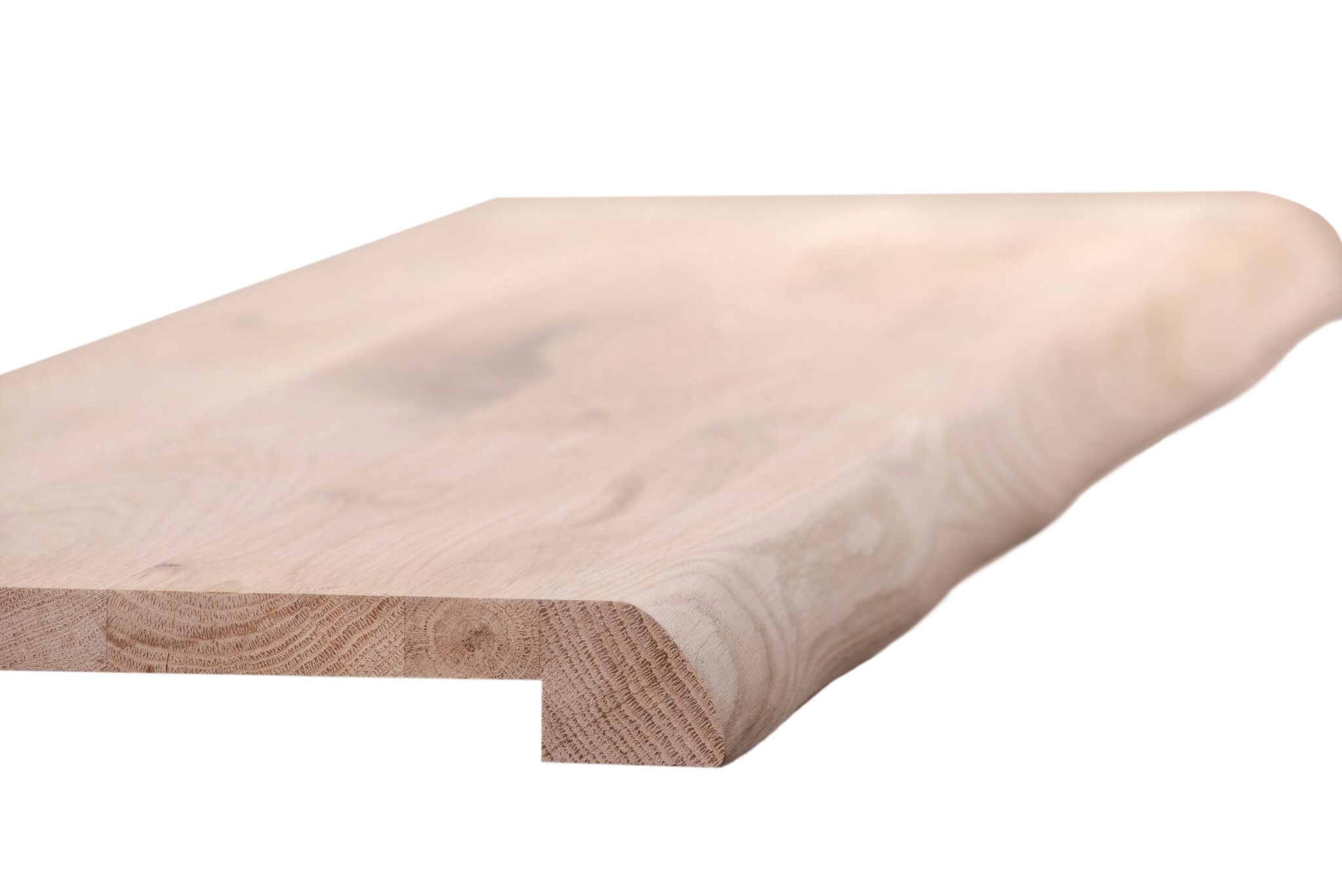 Fensterbank aus massiver Eiche mit Kante aus verwittertem Baumstamm – 40 mm dick