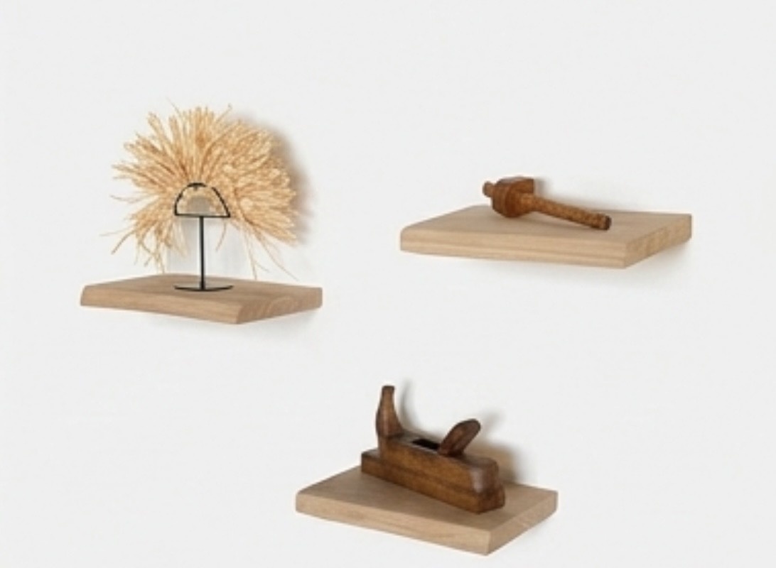 Oak wall shelf 4cm thick, planed with a weathered front, floating mounting system – set of 3