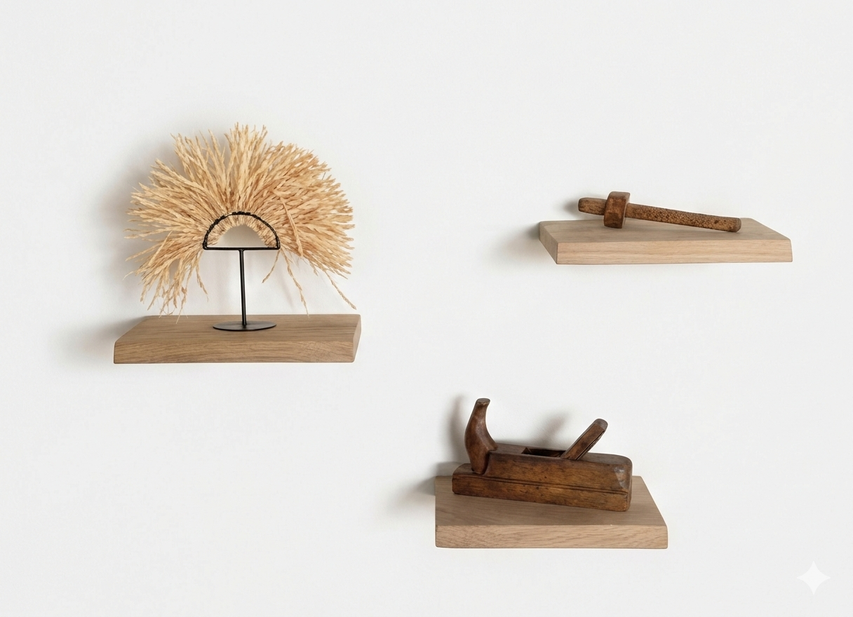 Eiken wandplank 4cm dikte geschaafd met geleefde voorkant zwevend montage systeem – set van 3