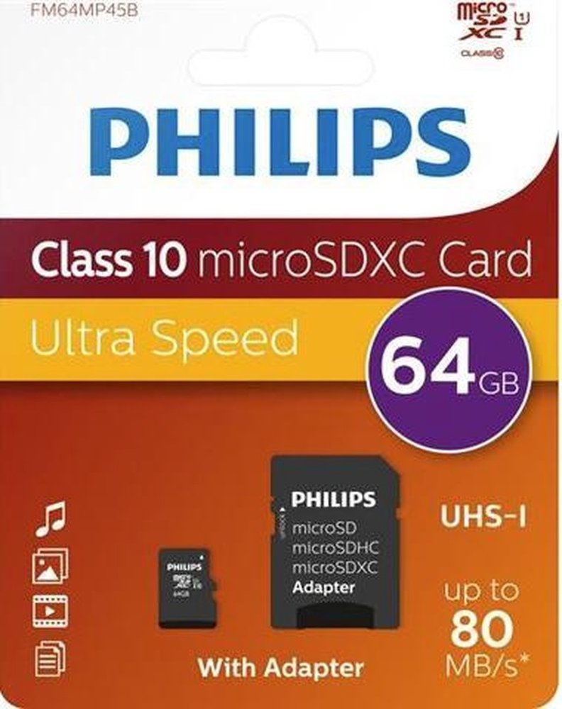 Philips Philips 64GB Micro SDXC - Micro SD kaart Philips Philips 64GB Micro SDXC - Micro SD kaart