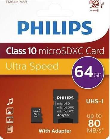 Philips Philips 64GB Micro SDXC - Micro SD kaart Philips Philips 64GB Micro SDXC - Micro SD kaart