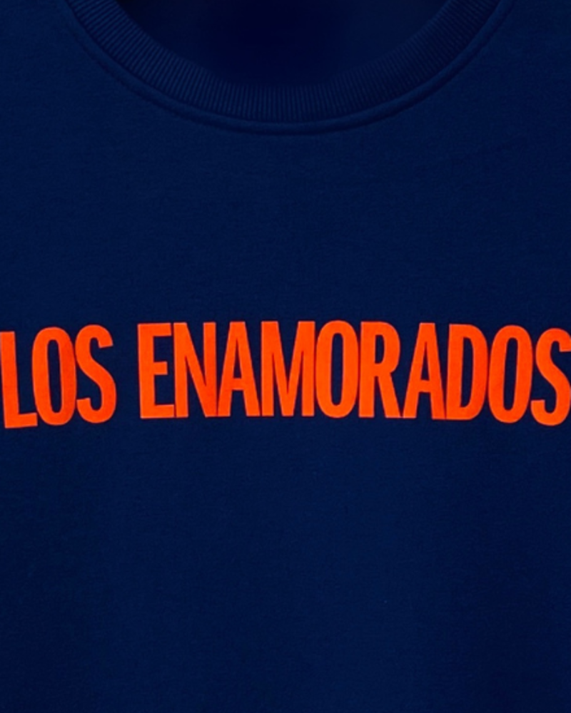 Los Enamorados Navy Blue Sweater with Orange Velvet Logo