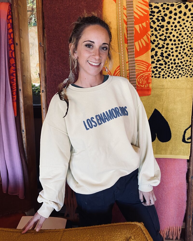 Los Enamorados Soft Yellow Embroidered Sweater  with Blue Logo
