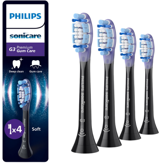 Philips Sonicare Premium GumCare G3 – Opzetborstels voor Elektrische Tandenborstel – Zwart – Verpakking van 4 - Gevoelig tandvlees - HX9054/88