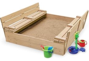 Zandbak met opvouwbare deksels en zitjes - 120 x 120 cm