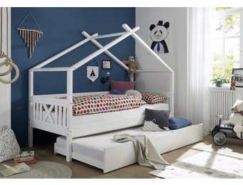 Huisbed kinderbed met logeerbed bodem - 90x200cm - grenenhout - wit