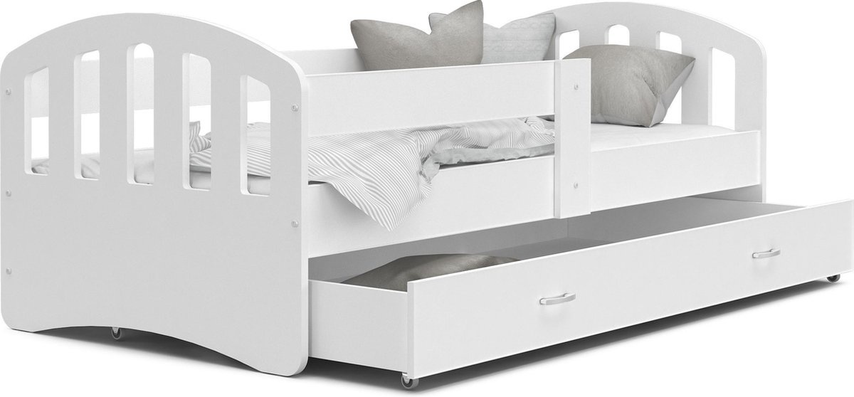 Kinderbed - houten bed - 200x90cm - met lattenbodem - met uitschuiflade - wit