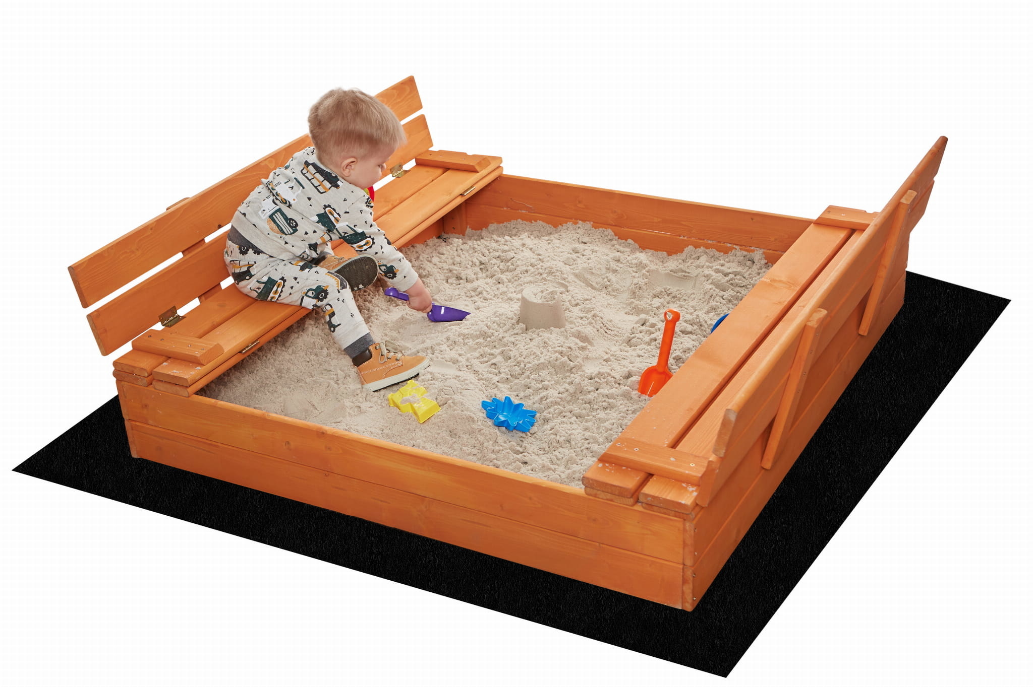 Zandbak met opvouwbare deksel & zitje - donker - 120 x 120 cm