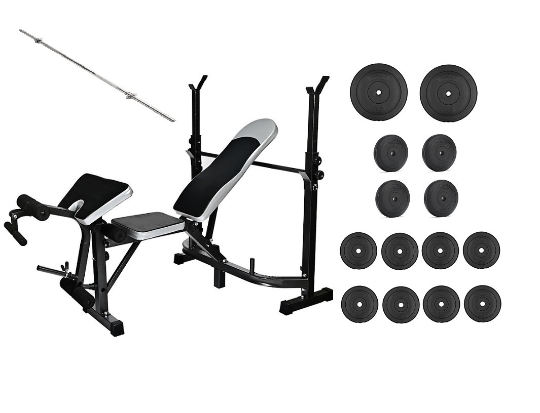 Combinatie set halterbank fitness met gewichten en halterstang - 60 kg