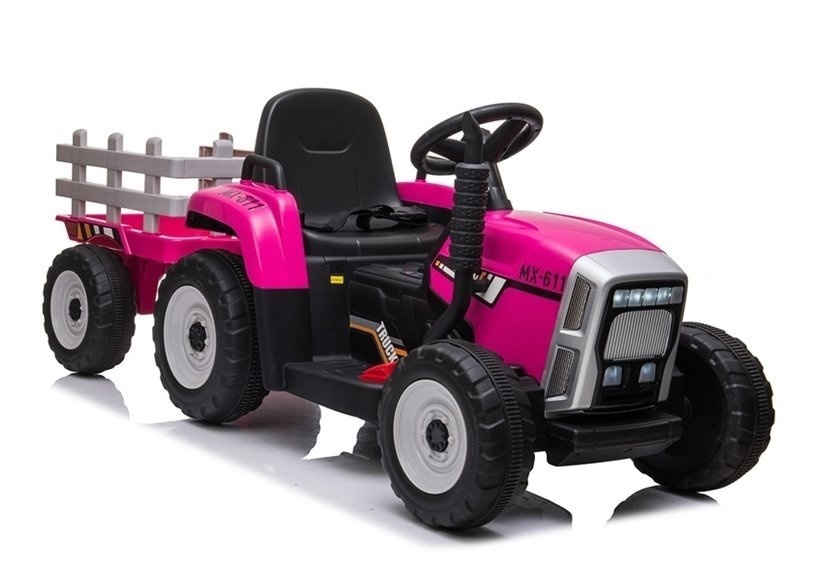 Roze elektrische tractor met aanhanger