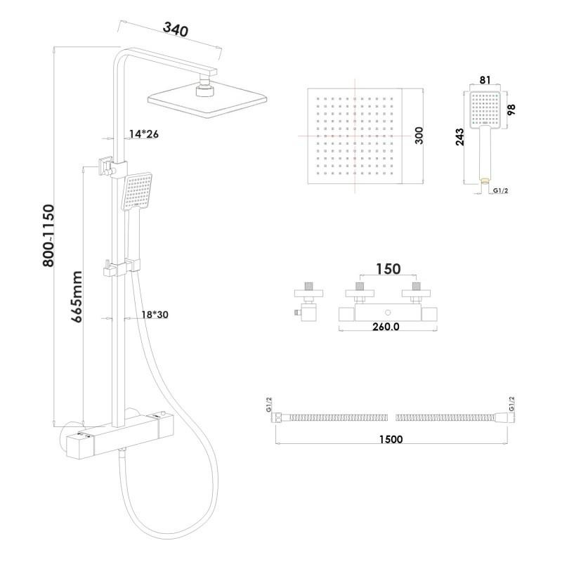 Regendoucheset - 30 cm - zwart - thermostaatkraan & handdouche