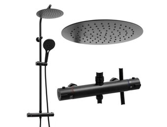 Zwarte doucheset met 25 cm regendouche, thermostaatkraan en handdouche