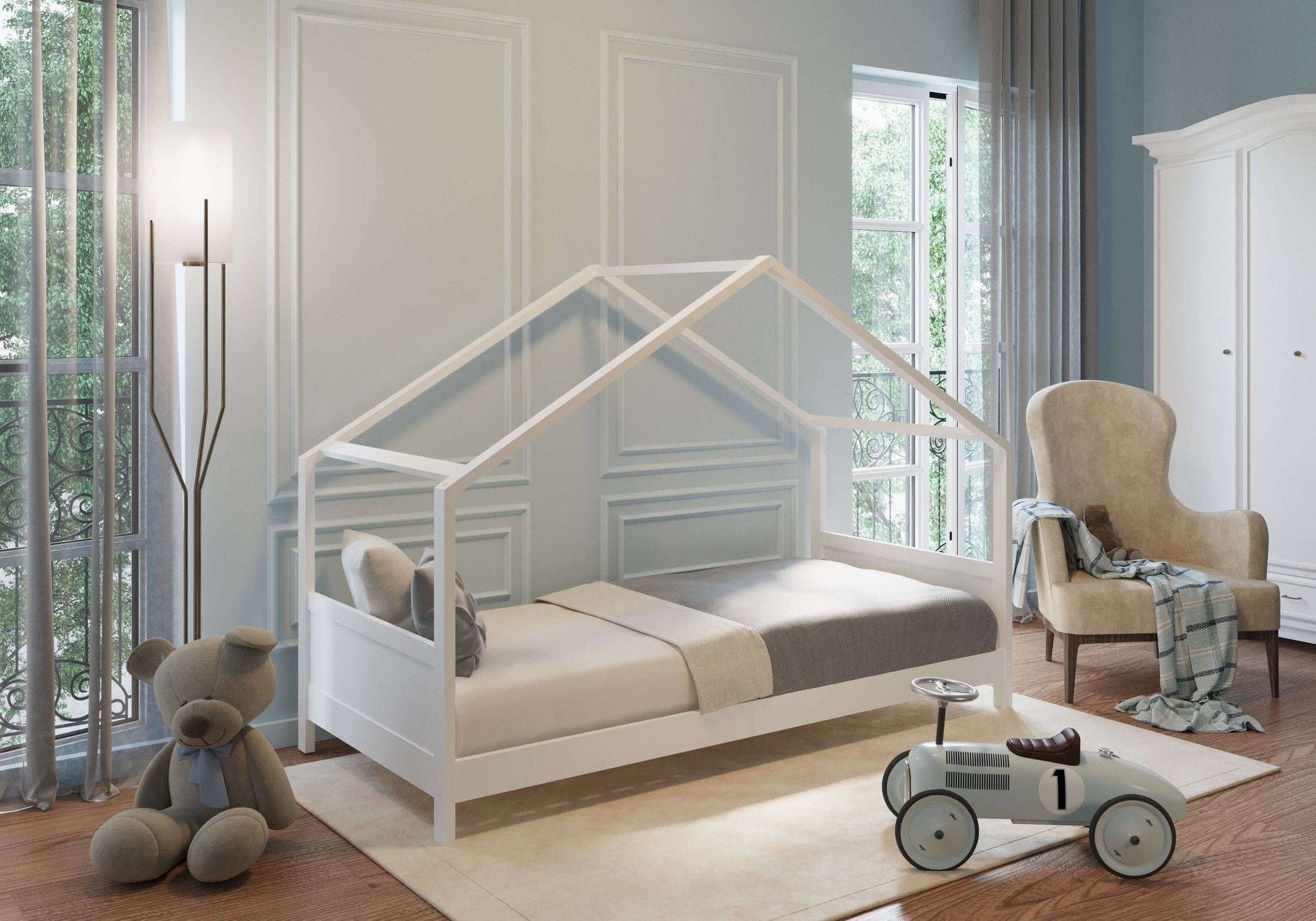 Huisbed - kinderbed - massief hout - wit - 90x200 cm