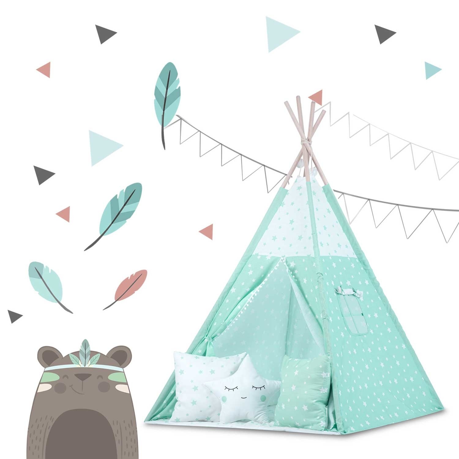 Tipi tent - speeltent - mint & sterren - met kussens en lampjes