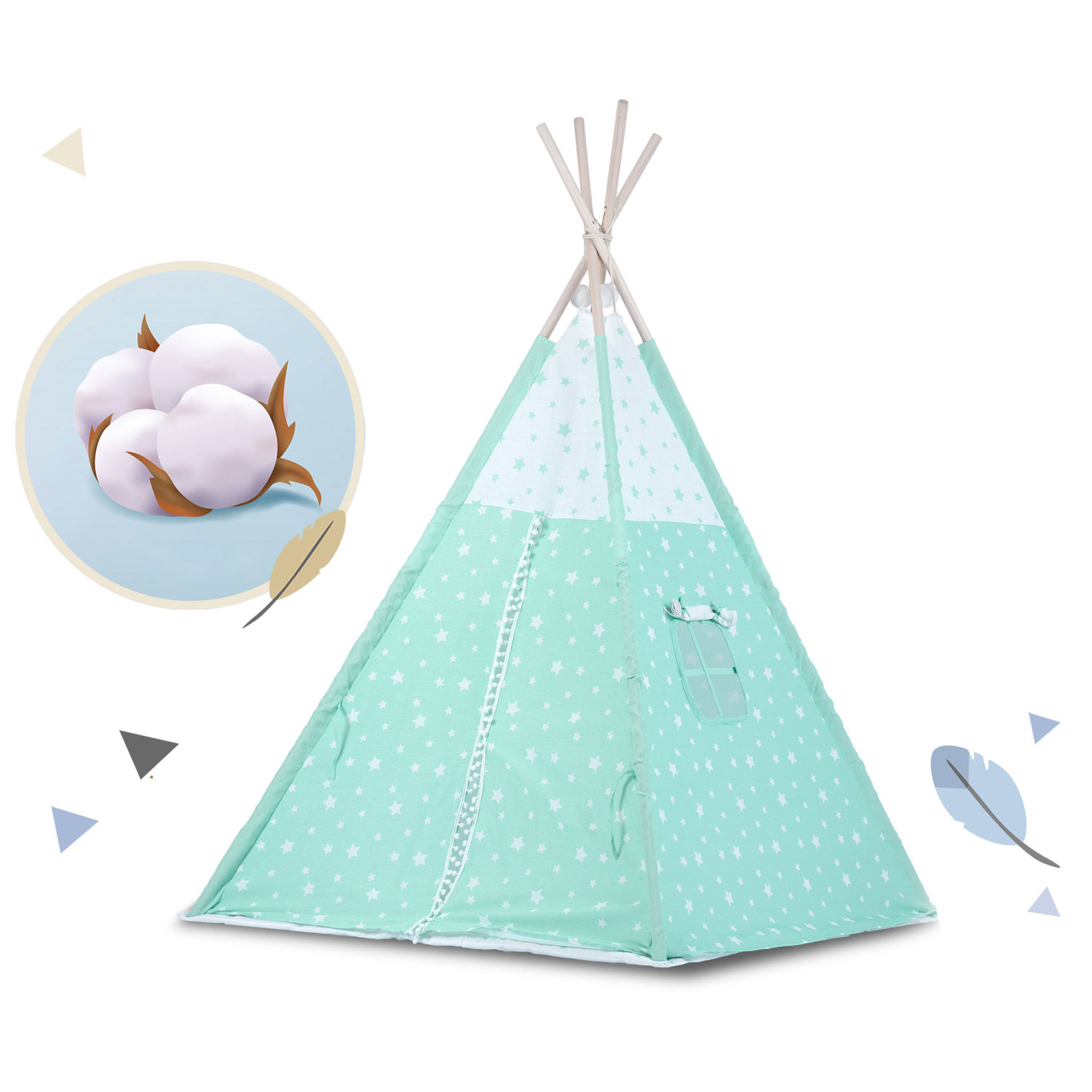 Tipi tent - speeltent - mint & sterren - met kussens en lampjes