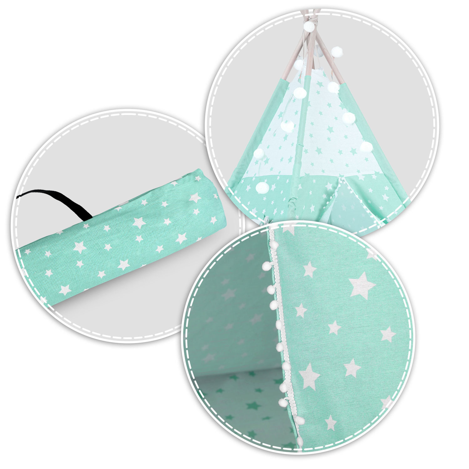 Tipi tent - speeltent - mint & sterren - met kussens en lampjes
