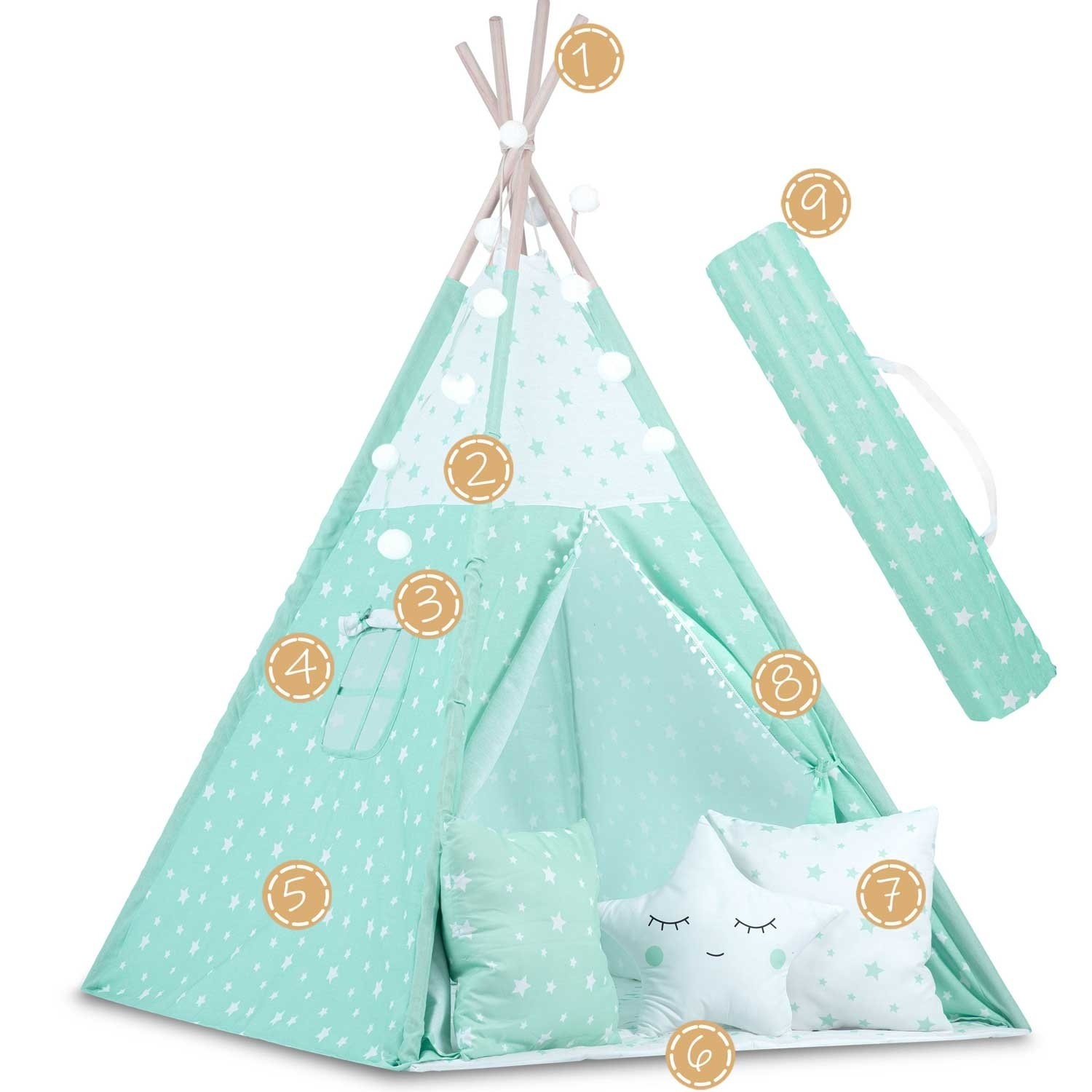 Tipi tent - speeltent - mint & sterren - met kussens en lampjes