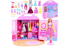 Poppenkleertjes - met kledingkast - 33x9x39cm - 33 delig - roze