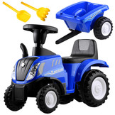 Loopauto - tractor - met aanhanger, schop & hark - blauw