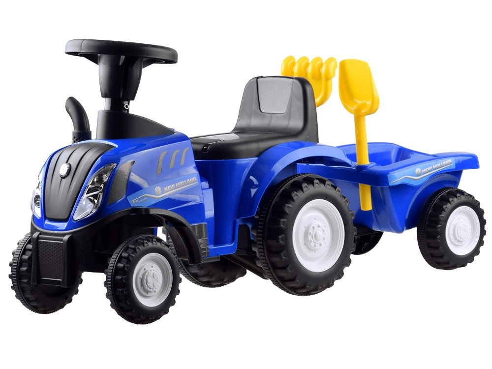 Loopauto - tractor - met aanhanger, schop & hark - blauw