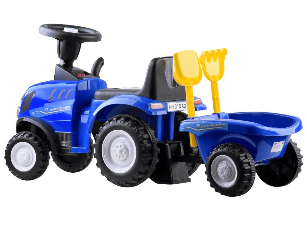 Loopauto - tractor - met aanhanger, schop & hark - blauw