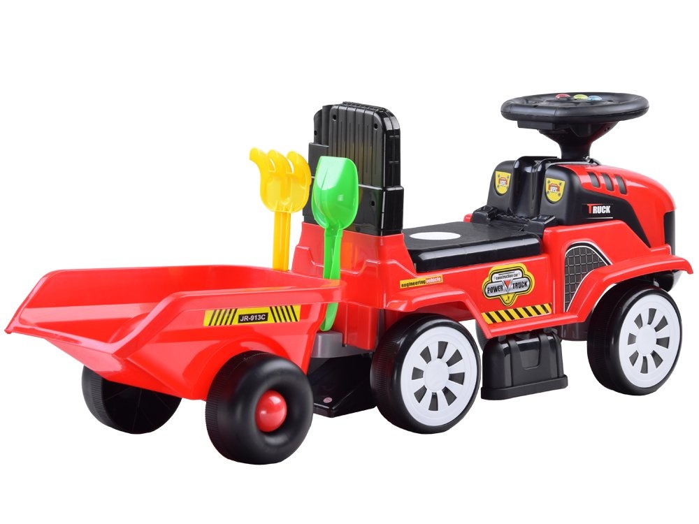 Loopauto - tractor - met aanhanger, schop & hark - rood