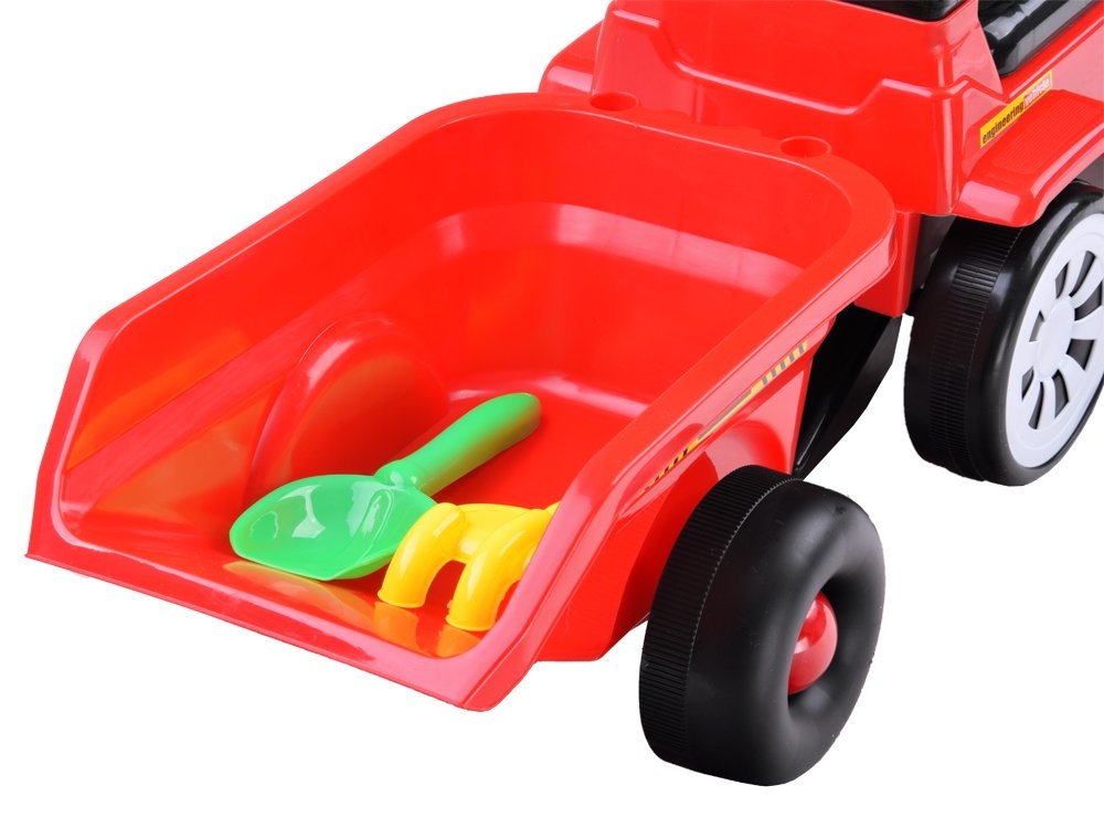 Loopauto - tractor - met aanhanger, schop & hark - rood