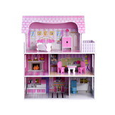 Houten poppenhuis - met meubels - 60x24x70 cm - 3 etages - roze